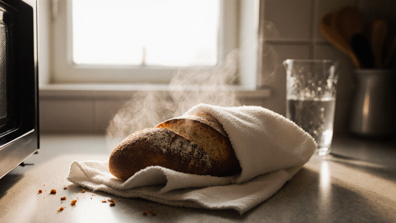 A baguette wrapped in a damp paper towel, freshly revived in a microwave.