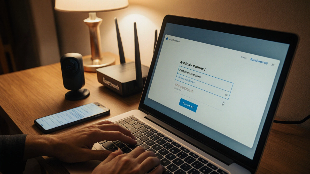 A person sets up secure smart home settings, with a strong password and two-factor authentication visible.