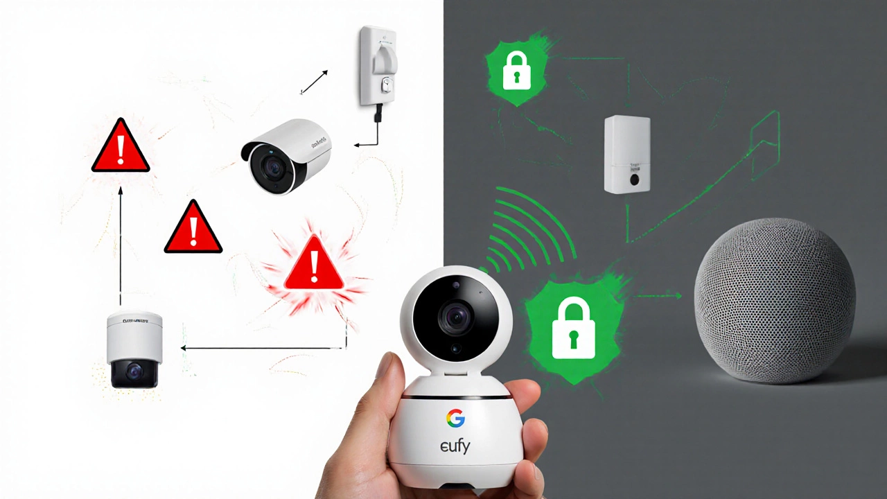 A split image showing chaotic unsecured devices versus a safe, isolated smart home network.