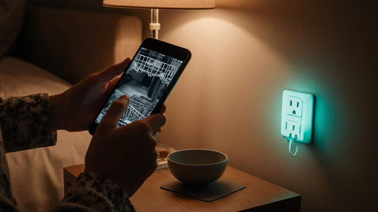 Bedroom scene with person setting dishwasher delay on phone, smart plug and rubber mat visible.