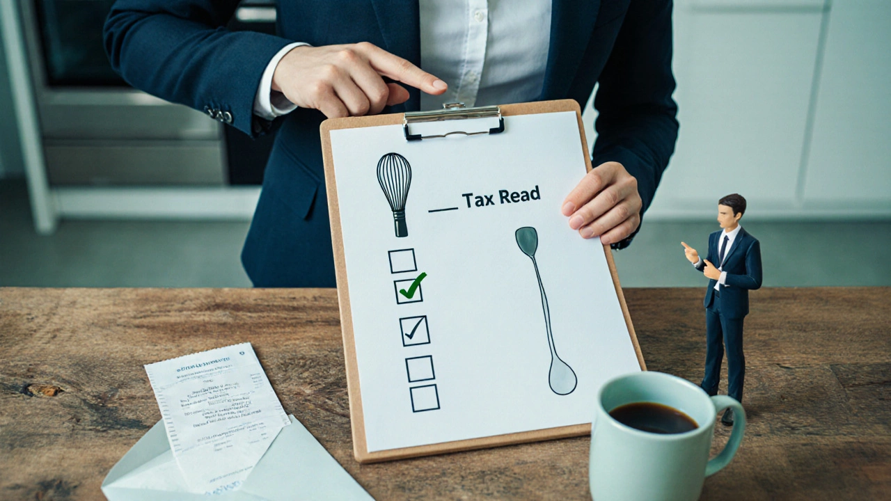 Checklist on a wooden table with utensil ticks and a tax advisor beside kitchen appliances.