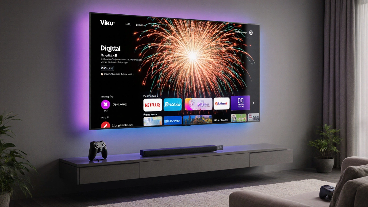 Close‑up of a Vizio P‑Series Quantum TV displaying vibrant HDR fireworks and the Roku interface.
