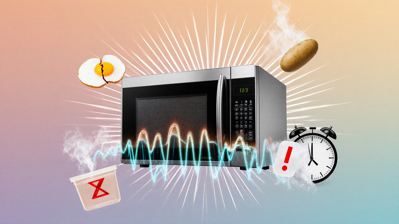 Conceptual microwave waves with icons representing safe and unsafe practices.
