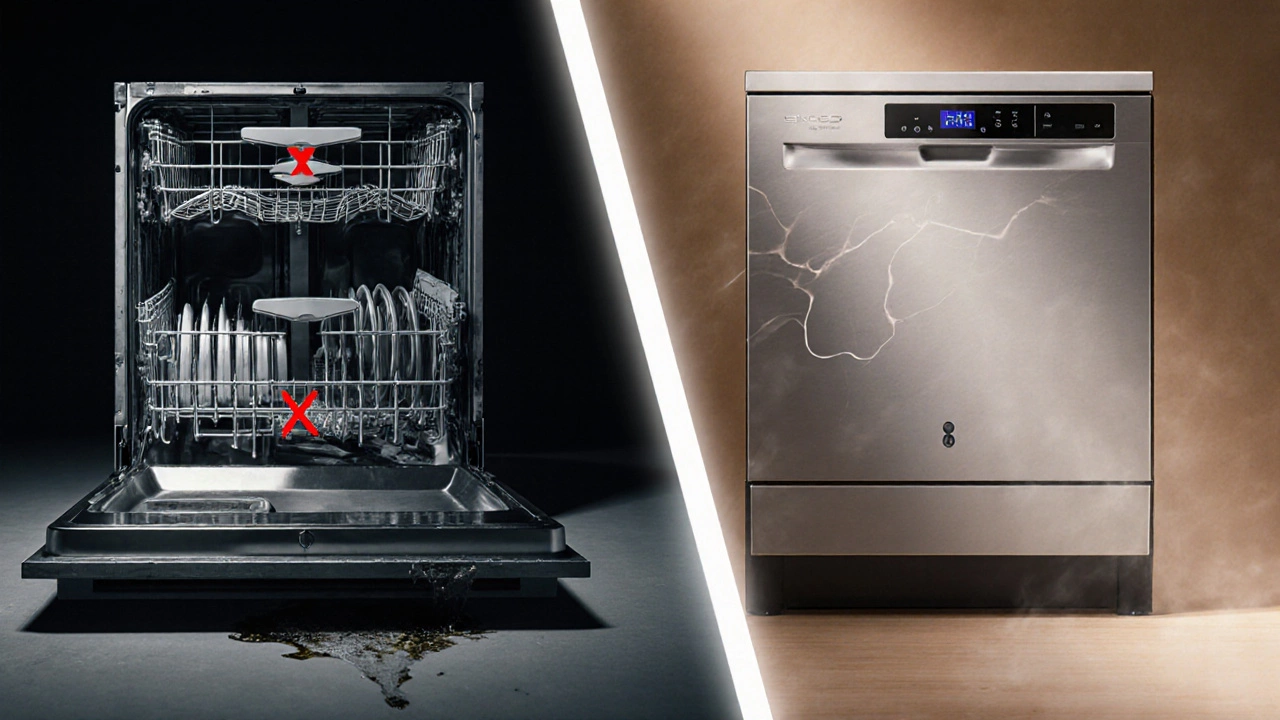 Contrast image of an old leaking dishwasher versus a new sleek stainless‑steel model.
