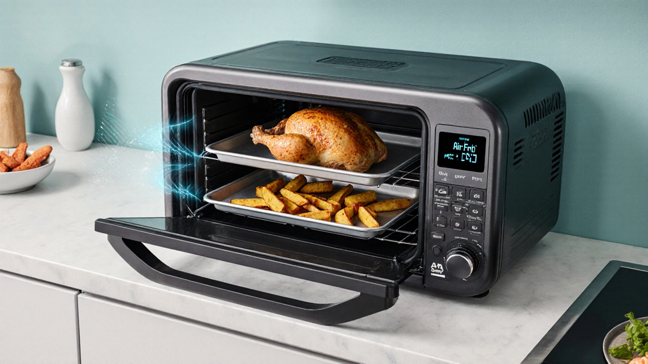 Countertop multi‑function oven opened, showing chicken, sweet potatoes, and fish sticks cooking.