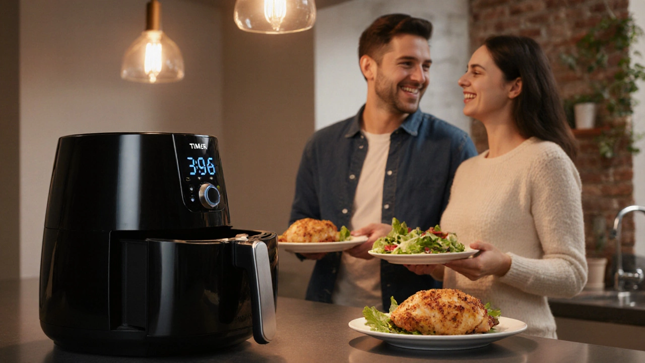 Couple enjoying a meal prepared in a mid‑size air fryer in a modern kitchen.