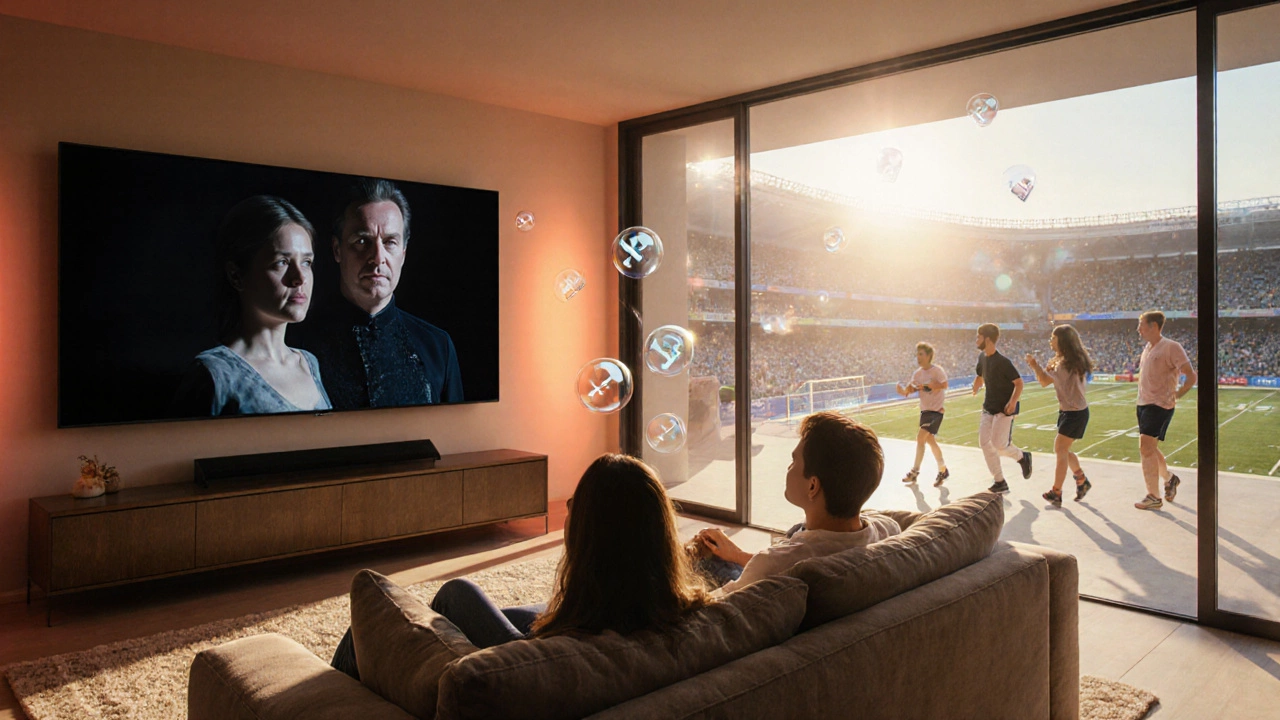 Couple watching OLED in a dim theater, while a QLED TV shines in a sunlit living area beyond a glass wall.