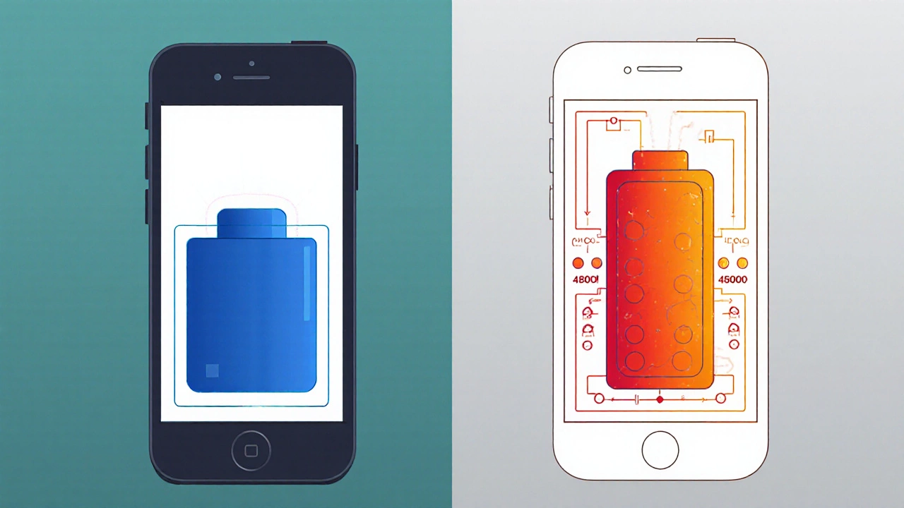 Cutaway illustration comparing a removable battery in a feature phone with a sealed high‑capacity battery in a smartphone.