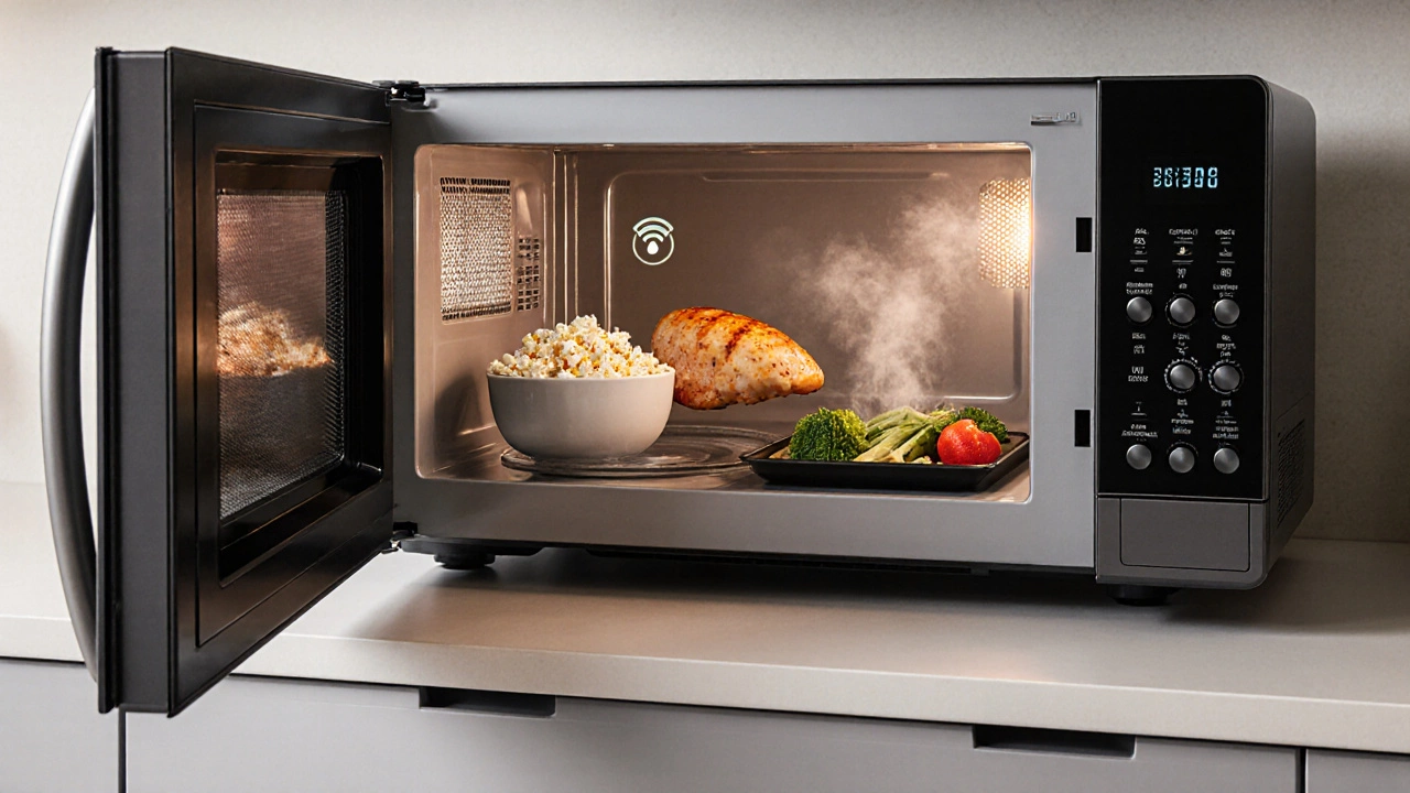 Cutaway kitchen view showing a microwave with inverter, sensor, grill, and steam functions active.