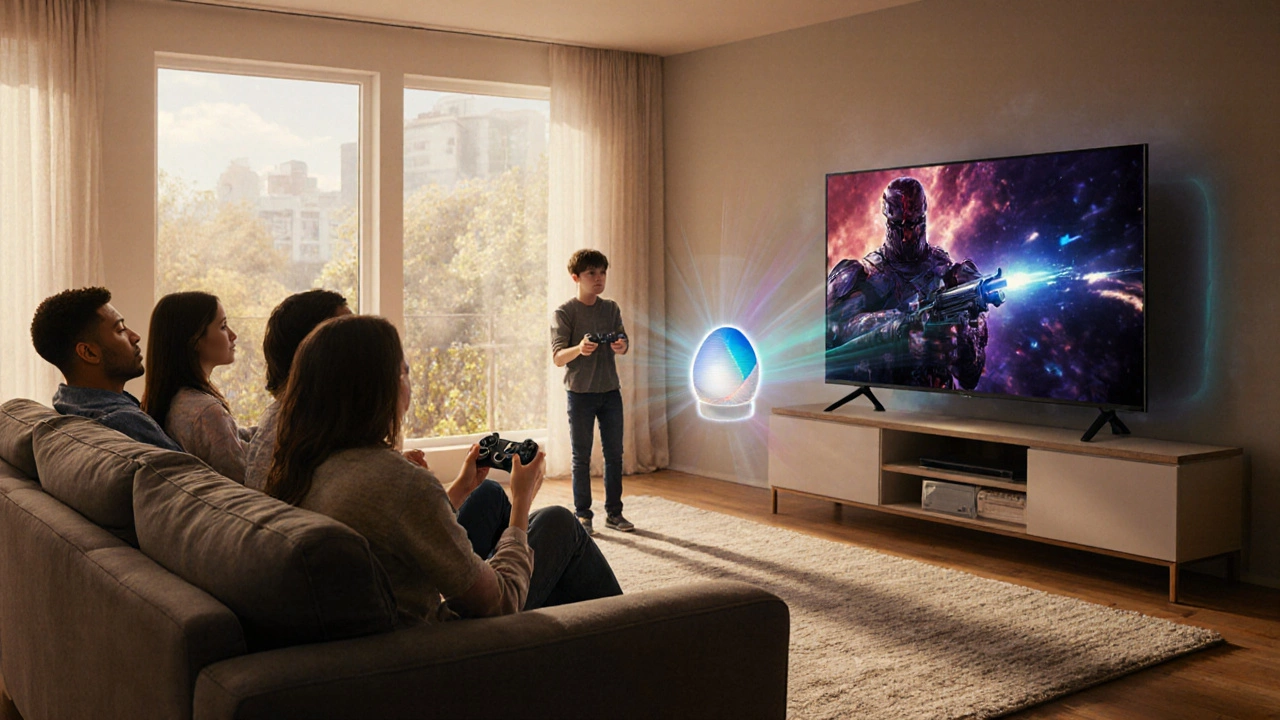 Family and gamer using a Hisense TV with smart voice assistant features.