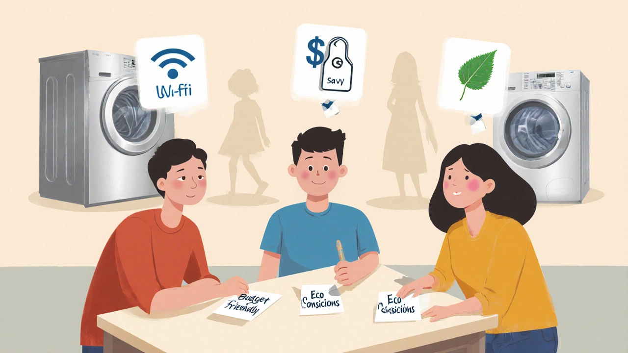 Family at a table choosing between tech, budget, and eco cards with brand silhouettes in the background.