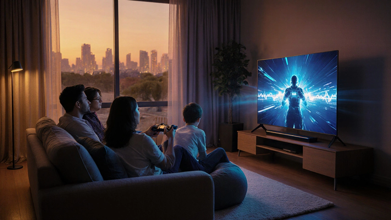 Family enjoying a game on a Vizio TV, with a futuristic Vizio model hinted through a window background.