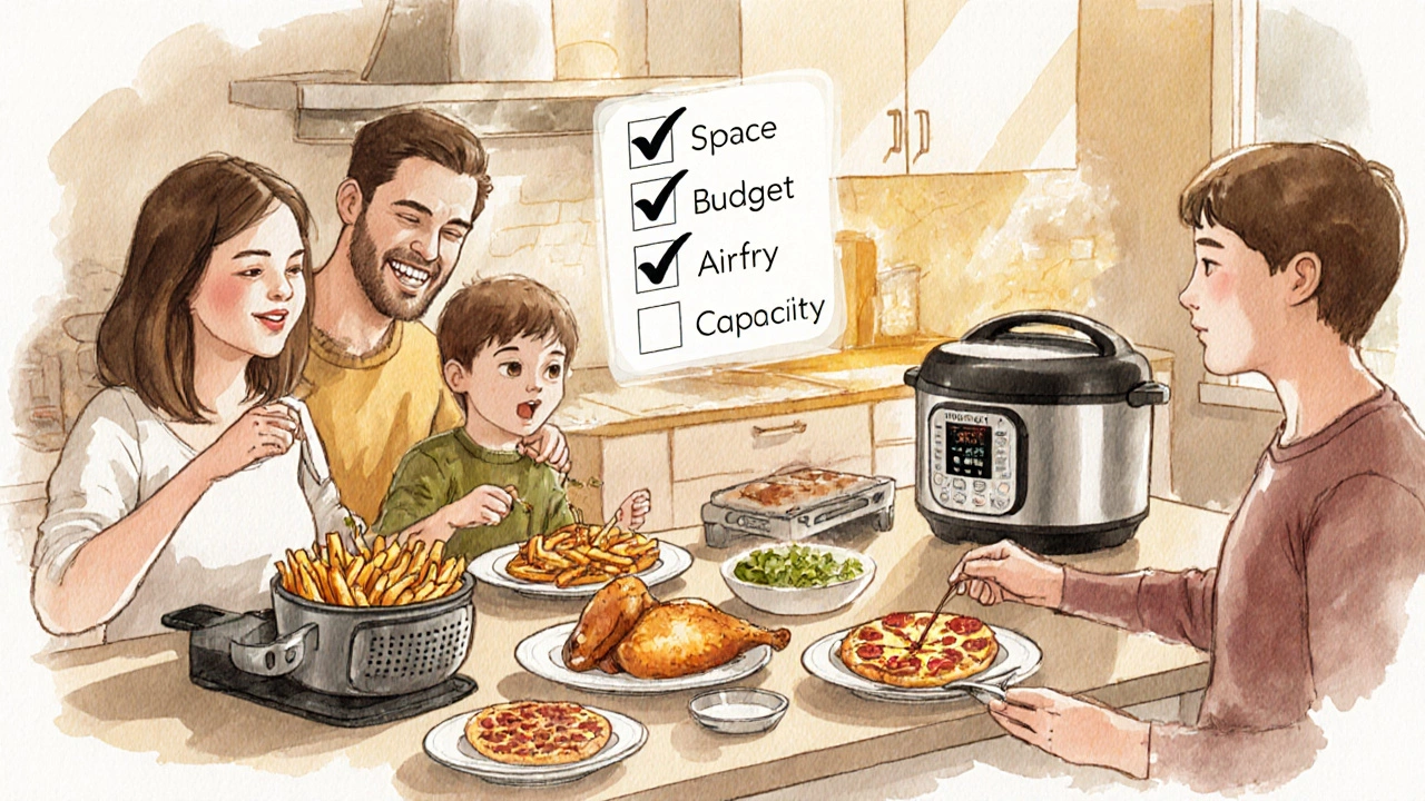 Family enjoying meals made with different air‑fry alternatives around a kitchen island.