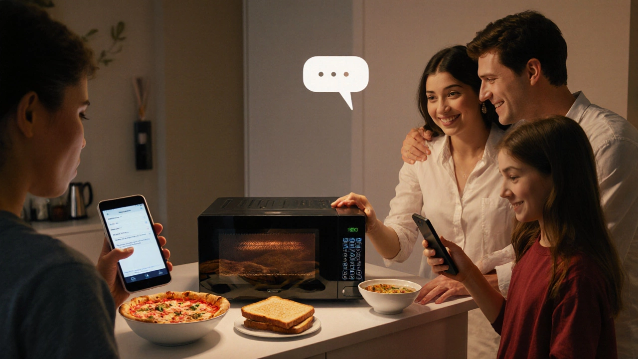 Family kitchen with a modern microwave used for pizza, soup, and sandwich, while a teen holds a phone.