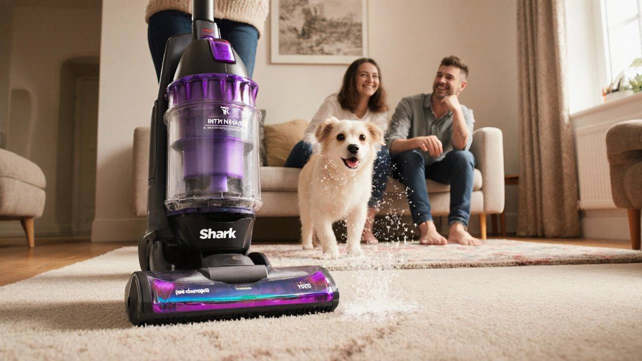 Family with a dog cleaning a carpet using Shark TruePet vacuum, pet hair being captured.