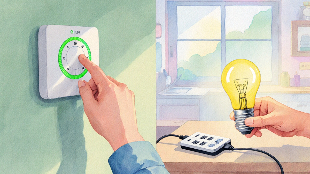 Hand‑drawn scene of a person installing a smart thermostat, LED bulb, and unplugging devices.