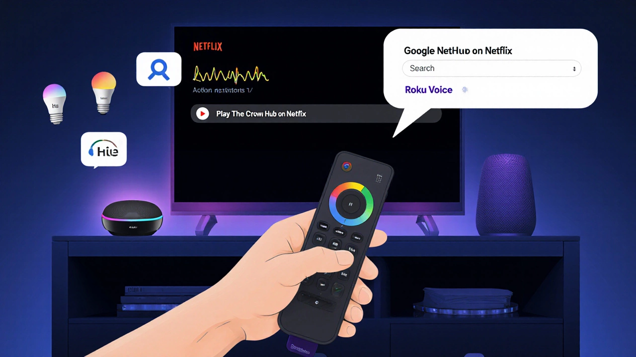 Hand holding Google TV remote speaking command, Nest Hub glowing, Roku remote with simple search bubble, smart‑home icons around.
