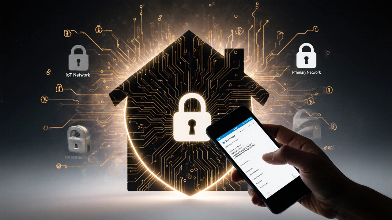 House protected by a circuit shield, Wi‑Fi zones, and a hand updating router security.