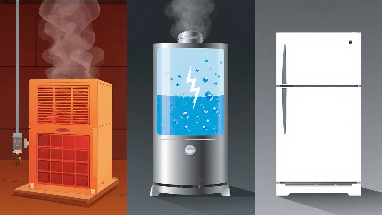 Illustrated split view of furnace, water heater, and refrigerator showing high power draw.
