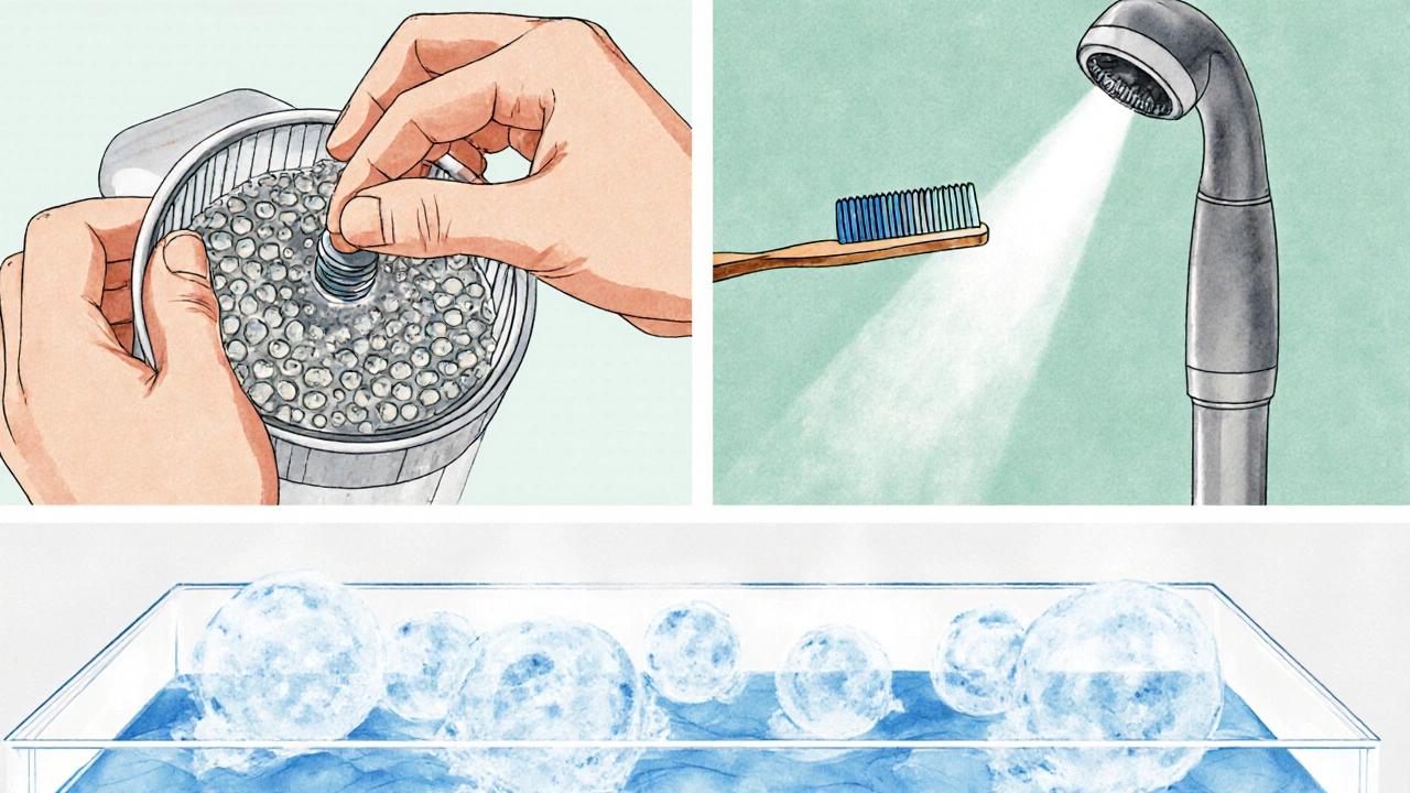 Illustration of hands cleaning a dishwasher filter and spray arm with a toothbrush.