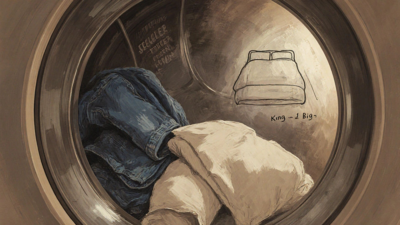 Inside a washing machine drum with jeans, shirts, and pillowcases tumbling, while a king-size comforter sits outside unable to fit.