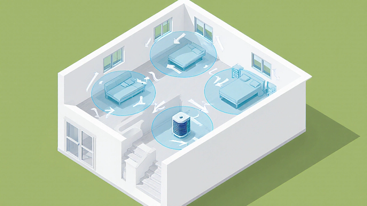 Isometric view of a two‑story home showing three air purifiers with airflow zones covering each room.