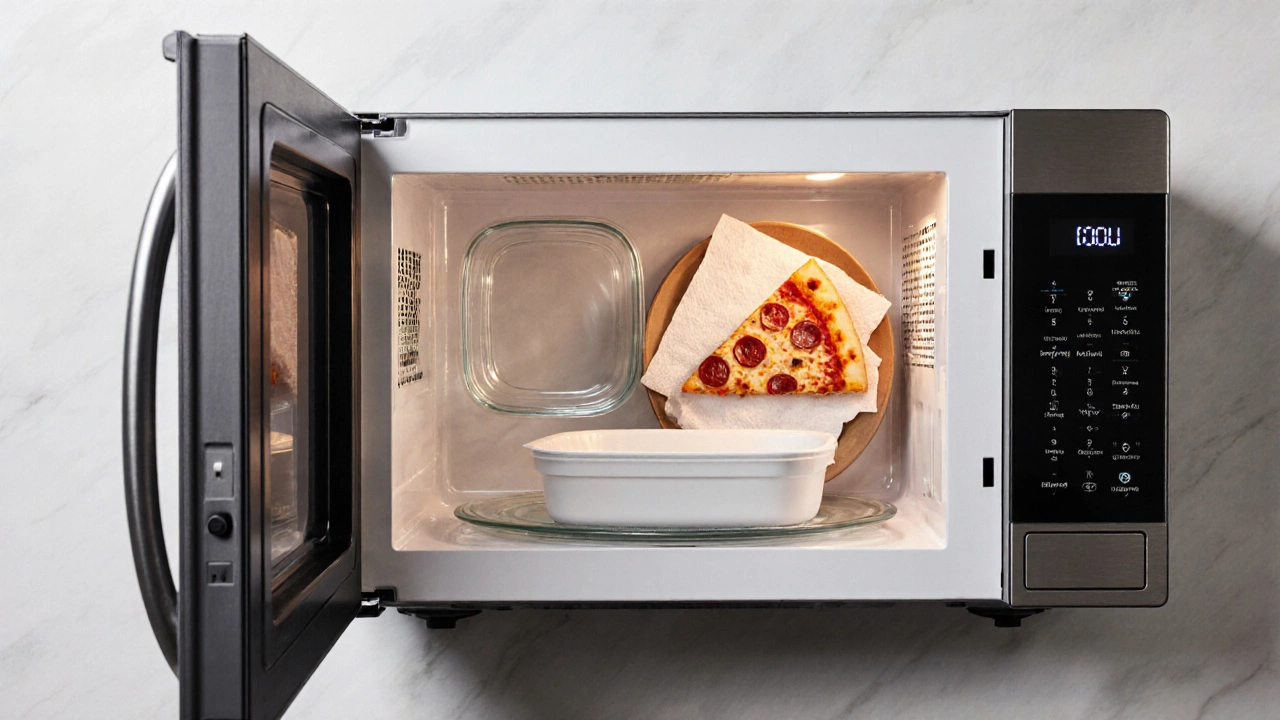 Open microwave showing glass, plastic, and paper dishes with vented covers.