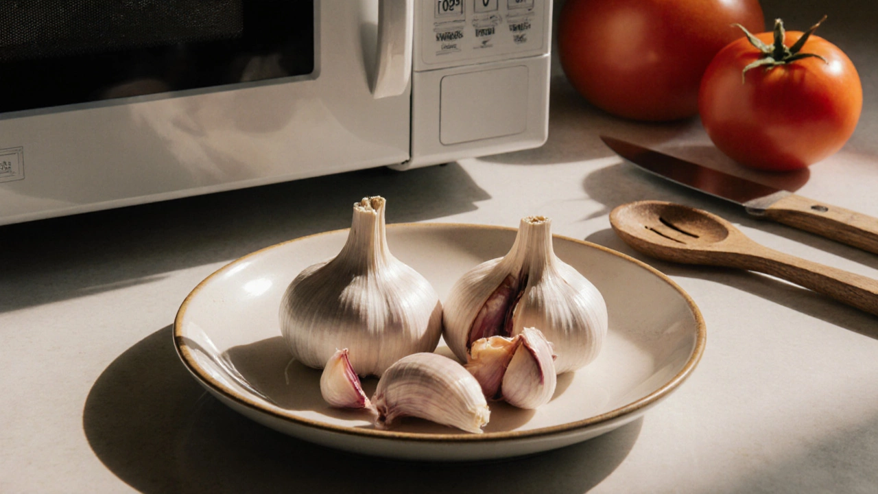 Peeled garlic cloves on a plate next to an open microwave door.