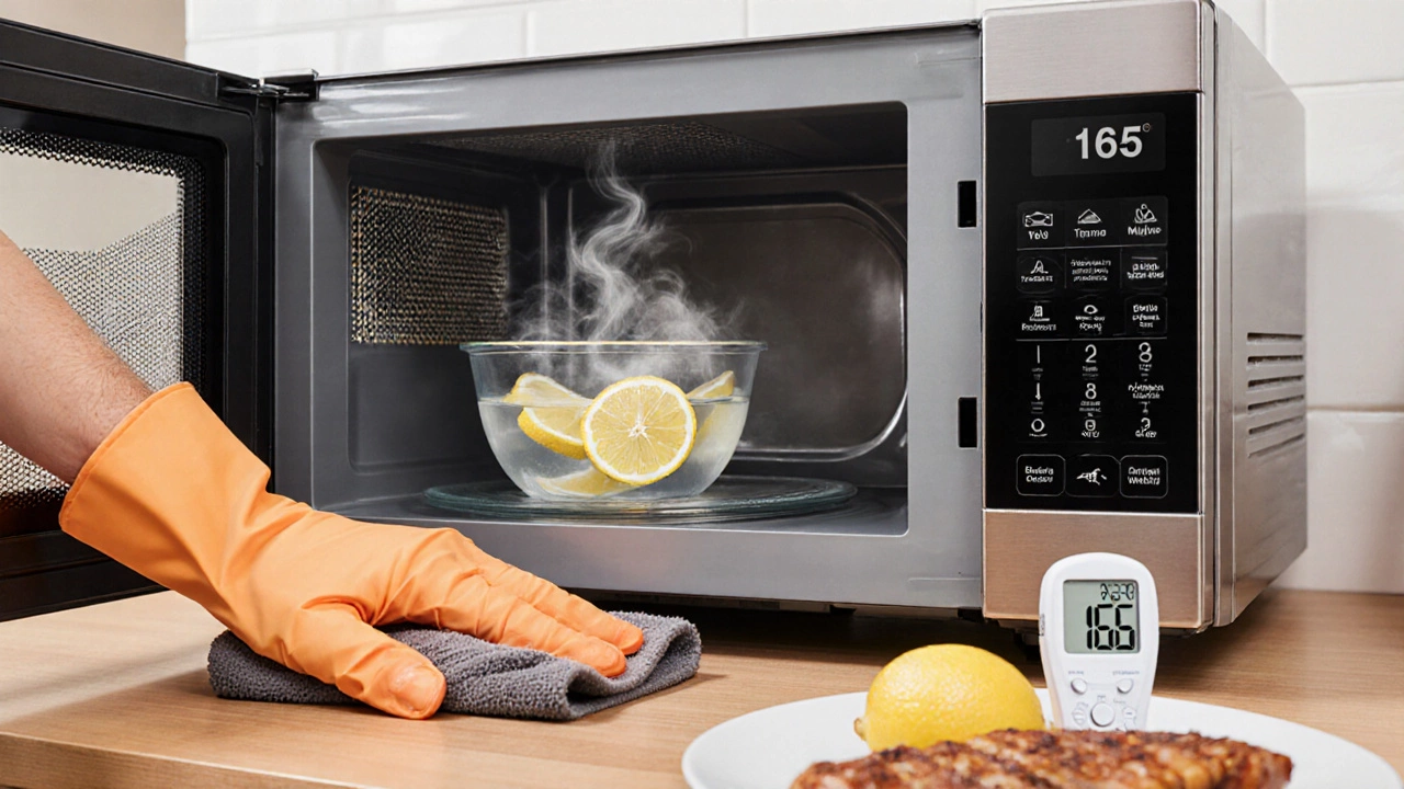 Person cleaning microwave interior while a lemon‑water steam bowl sits inside.