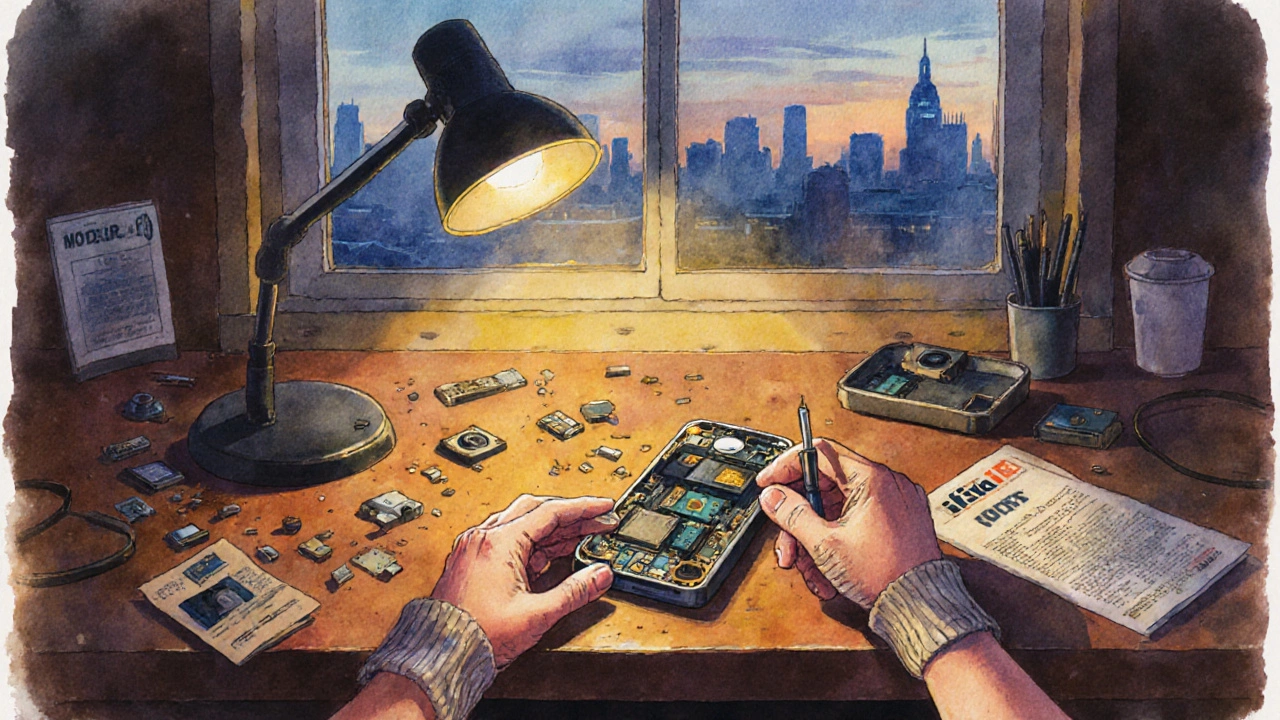 Person repairing a modular phone on a workbench surrounded by spare parts and tools.