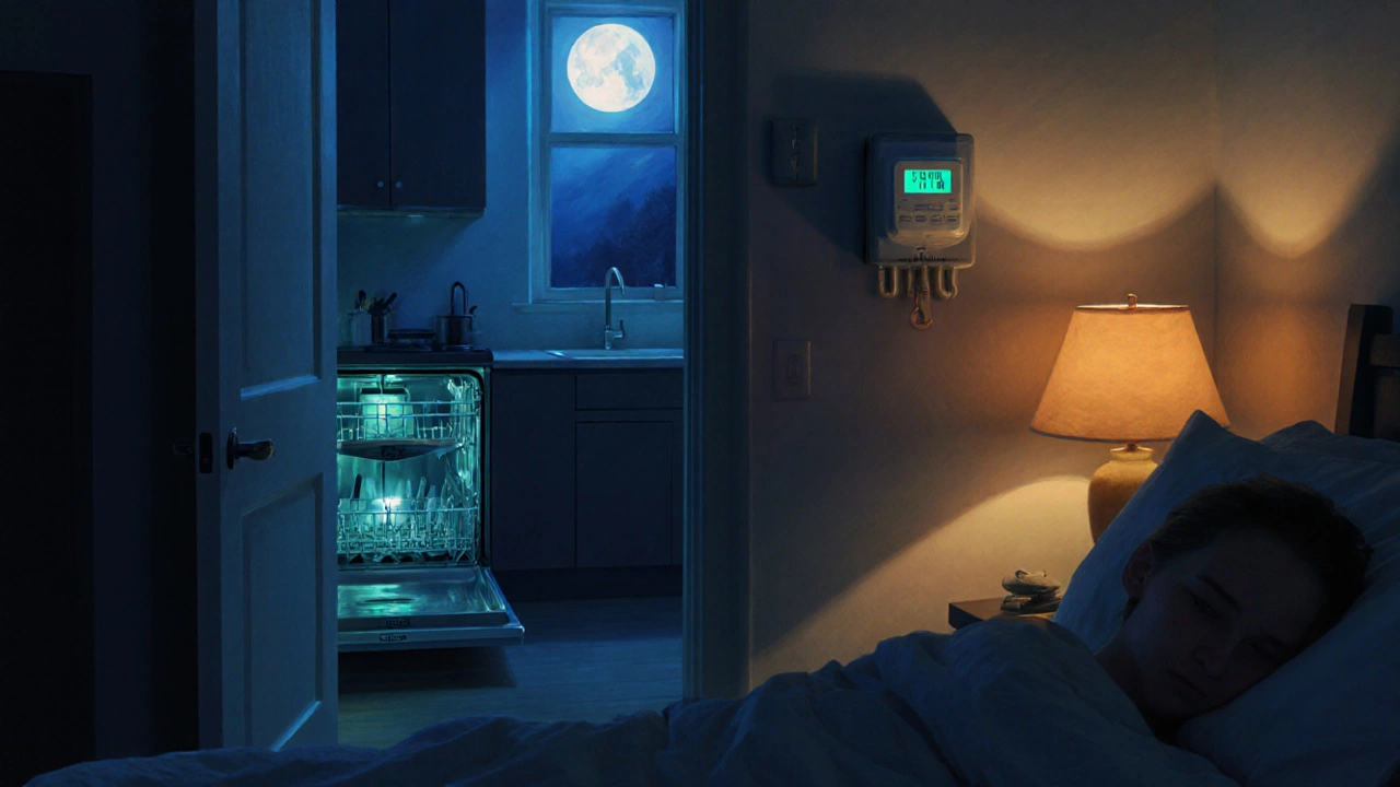 Quiet bedroom view showing dishwasher timer set for off‑peak, moonlight, and a smart meter indicator.