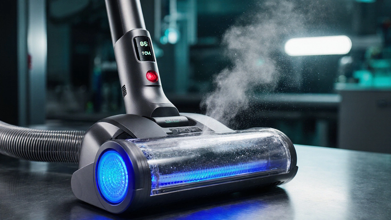 Shark Detect‑Pro cordless stick vacuum with glowing sensor and visible HEPA filter on a lab bench.