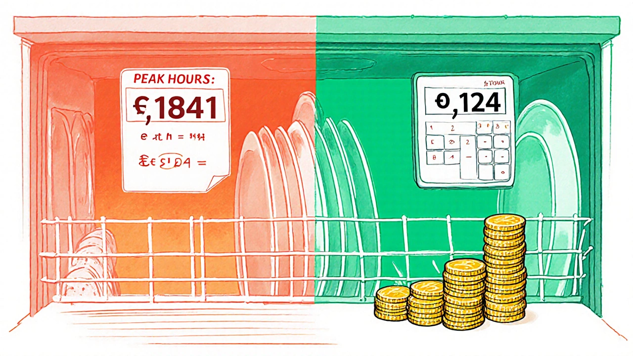 Side‑by‑side illustration comparing peak and off‑peak dishwasher costs with calculator and coins.