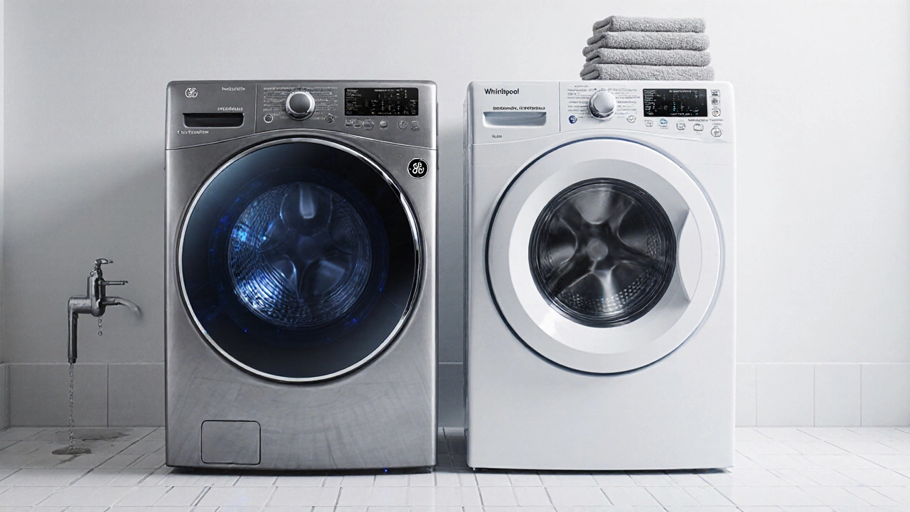 Side‑by‑side illustration of a GE front‑load washer with smart features and a Whirlpool washer with larger capacity.