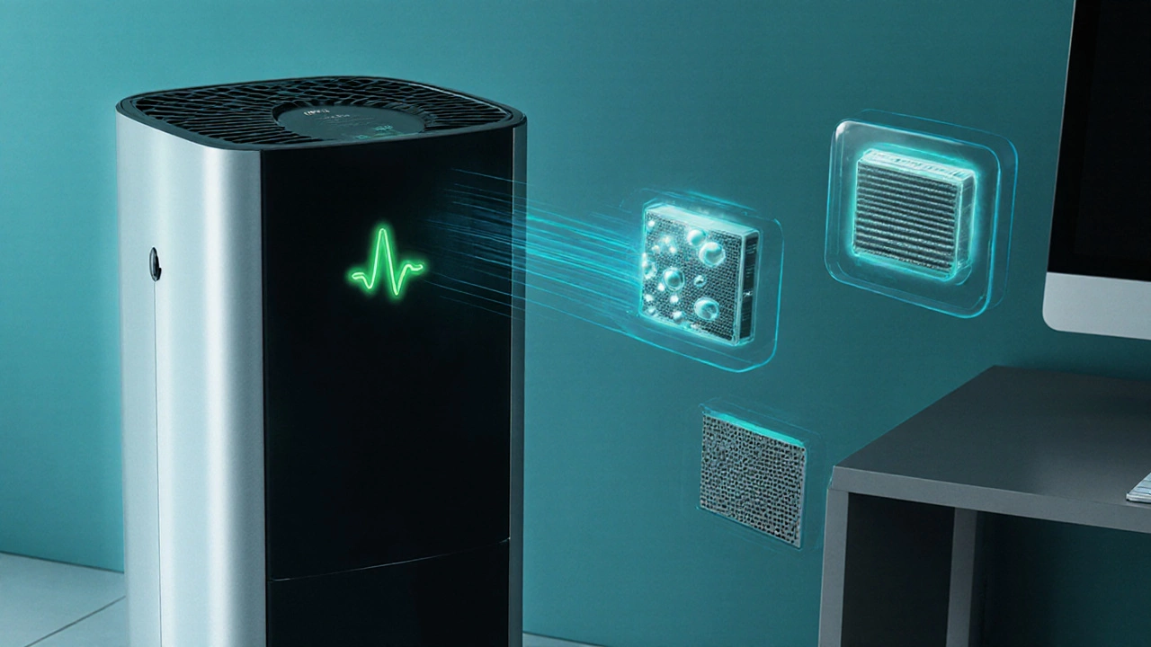 Smart air purifier with glowing LEDs and holographic sensor icons near an HVAC vent in a home office.