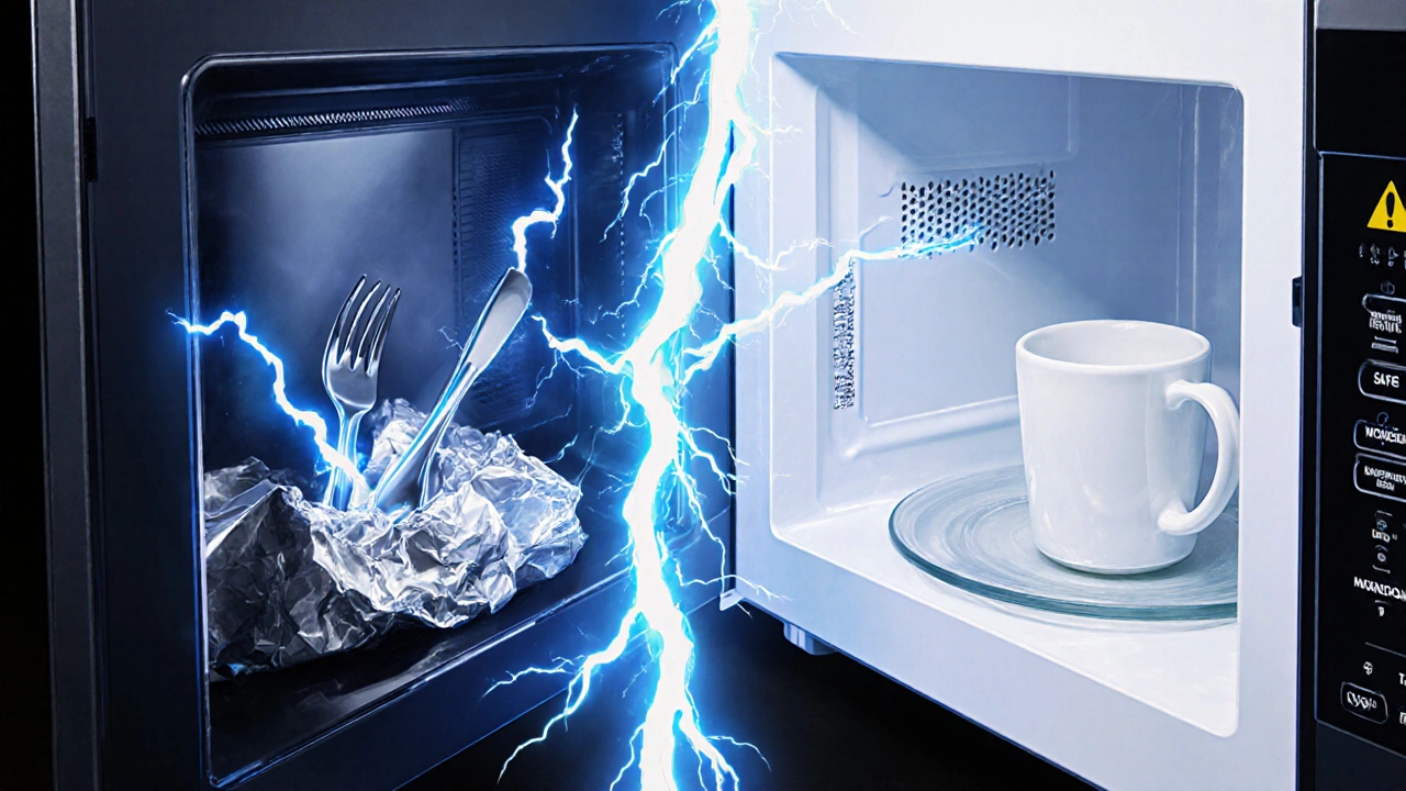 Sparks flying inside a microwave from metal objects, highlighting a dangerous mistake.