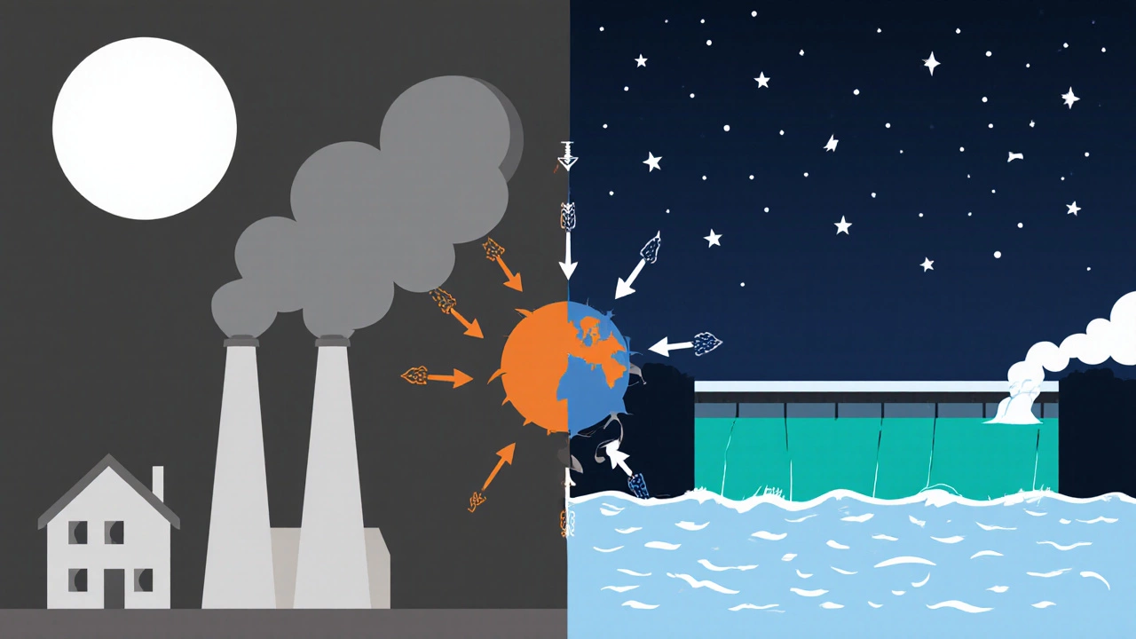 Split illustration showing coal plant daytime vs hydro night generation, indicating carbon difference.