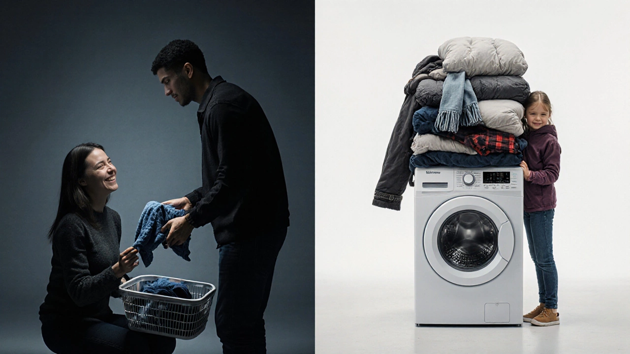 Split image: one side shows a person neatly loading a small washer, the other shows a family overwhelmed by bulky laundry.