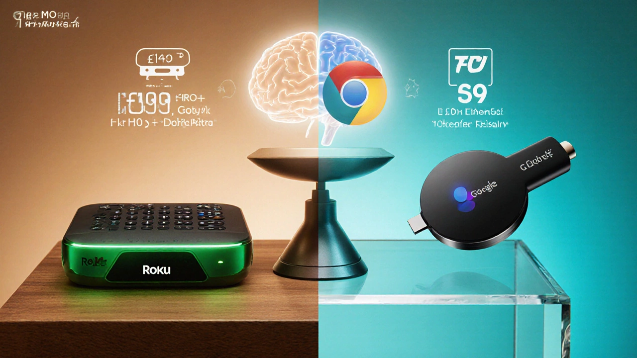 Split-screen hardware comparison: Roku Ultra with price £149 and features, Chromecast Google TV with price £49 and AI icon, scale tipping.