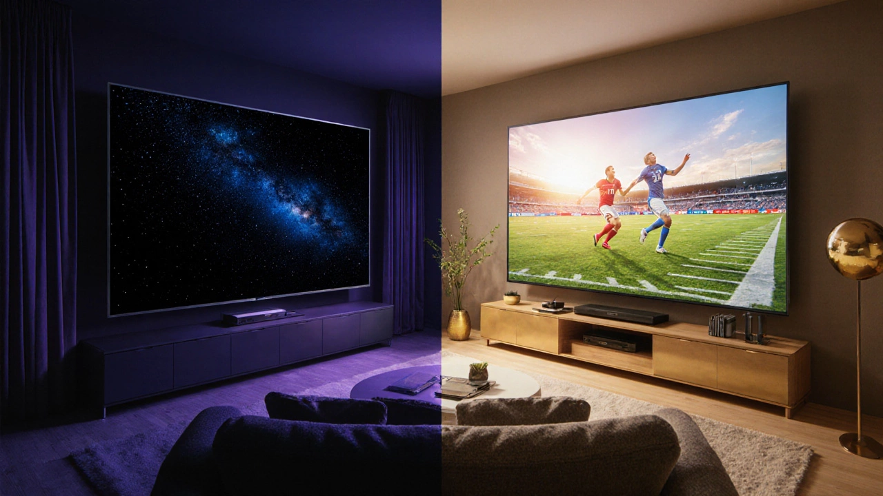 Split view comparing OLED dark‑room cinema scene and QLED bright‑room HDR sports scene.