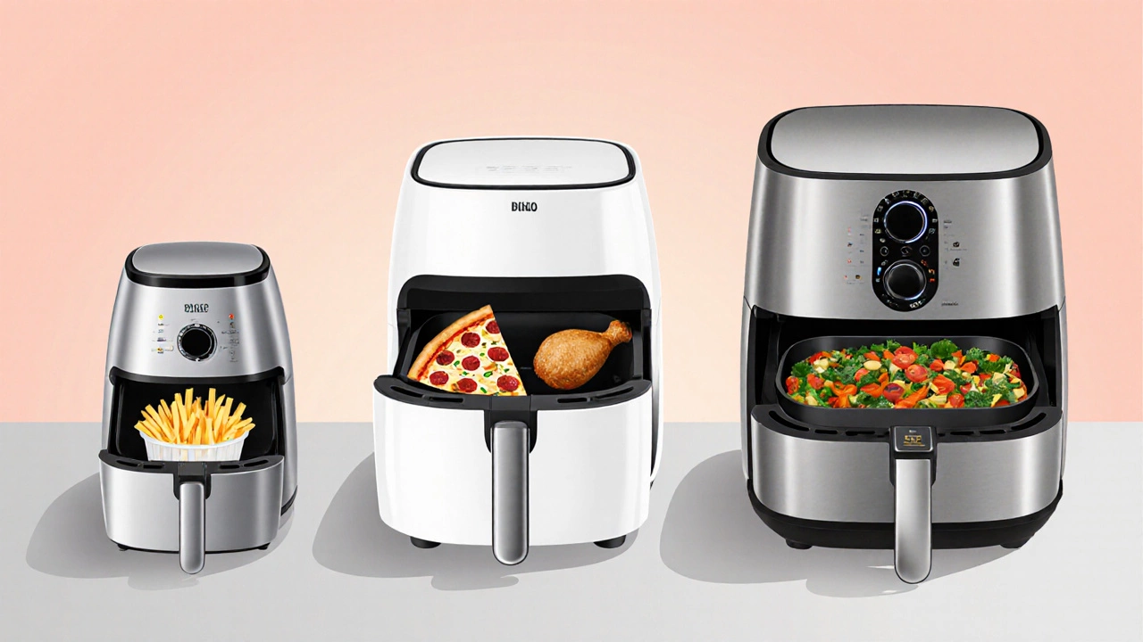 Three air fryers of different sizes with corresponding foods displayed.