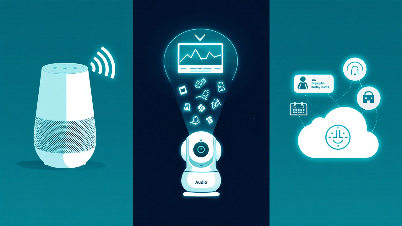 Three panels showing voice assistant, camera, thermostat each sending visual data to a cloud.