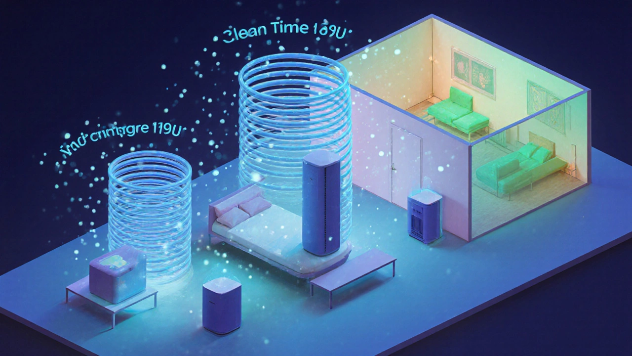 Three rooms of different sizes each with a purifier and swirling translucent air currents indicating cleaning cycles.