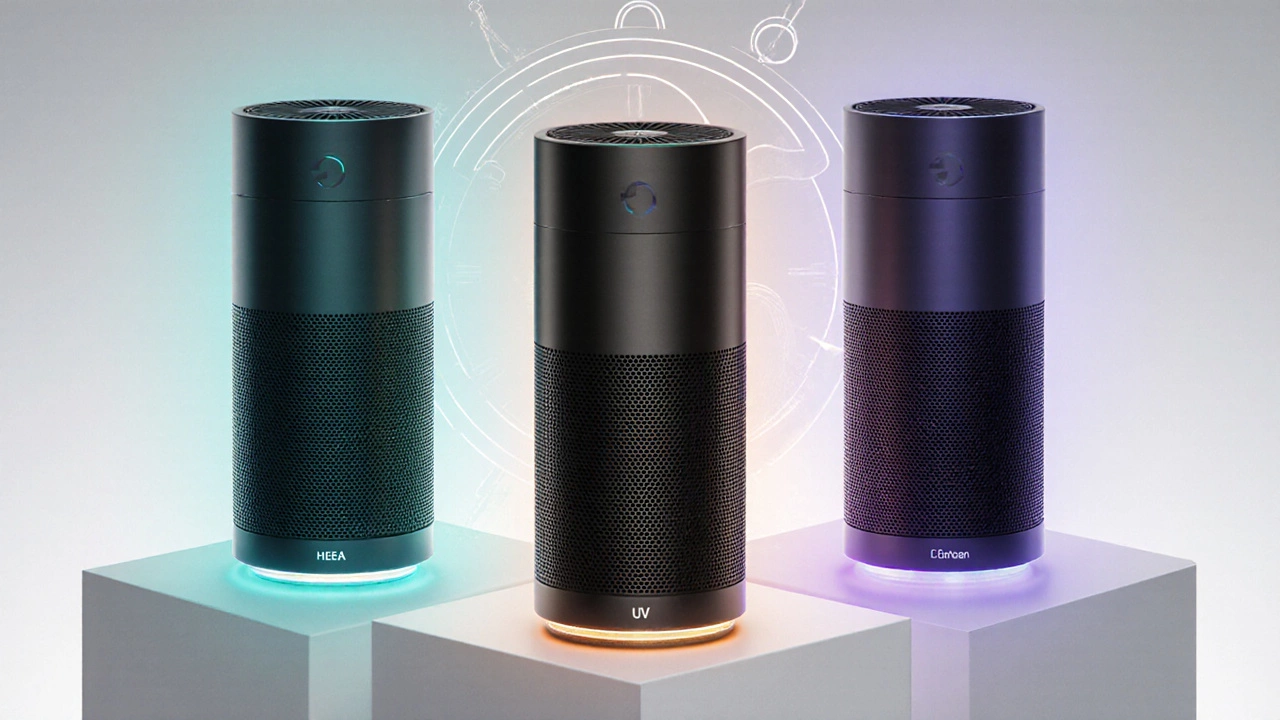 Three sleek air purifiers side by side, each with colored glows representing filter types and sensor activity.