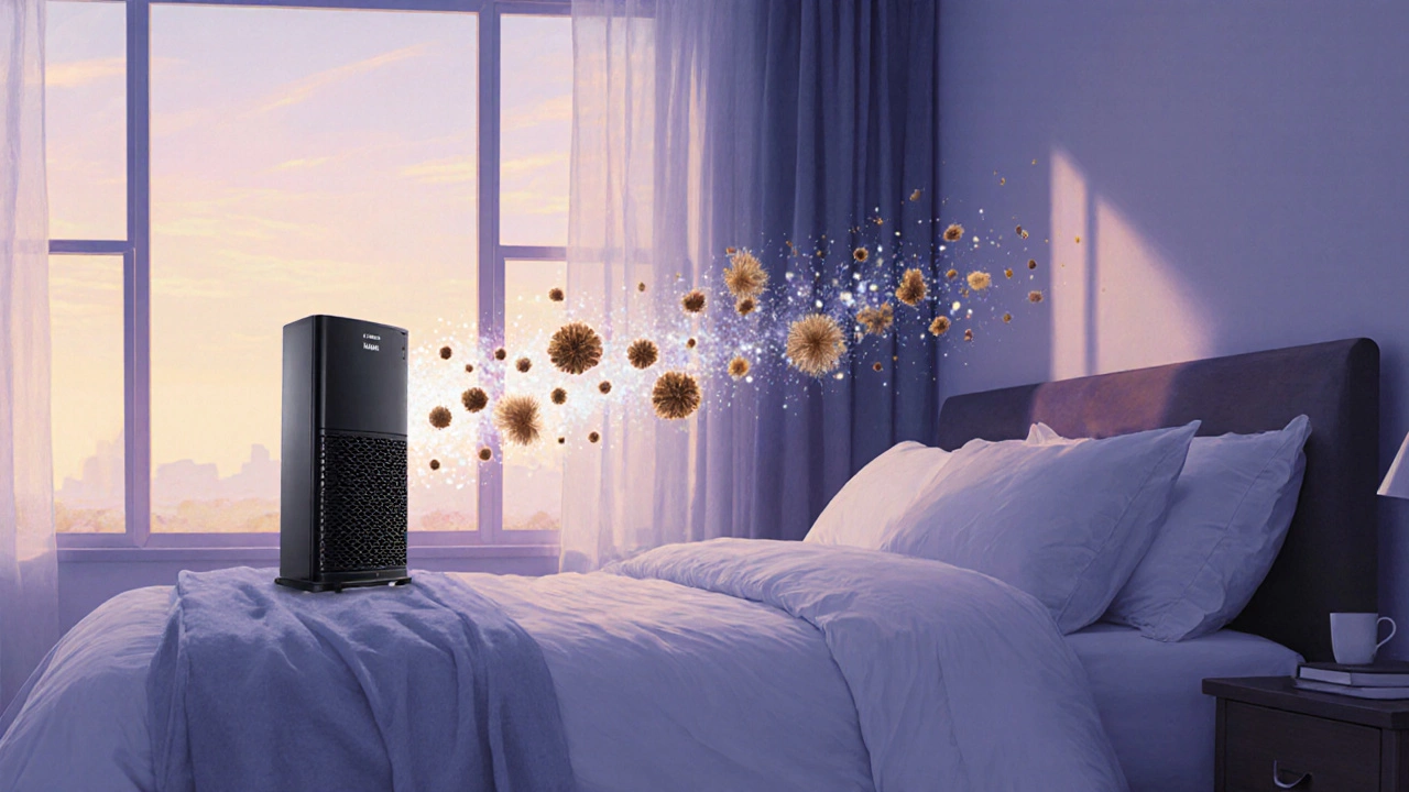 A HEPA air purifier filtering airborne allergens in a quiet bedroom at dawn.