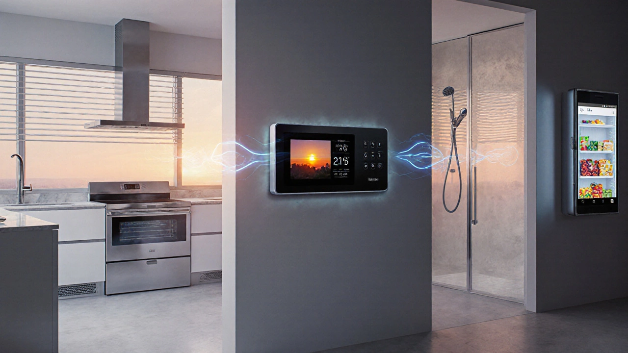 A high-end kitchen with integrated smart appliances and automated climate control.