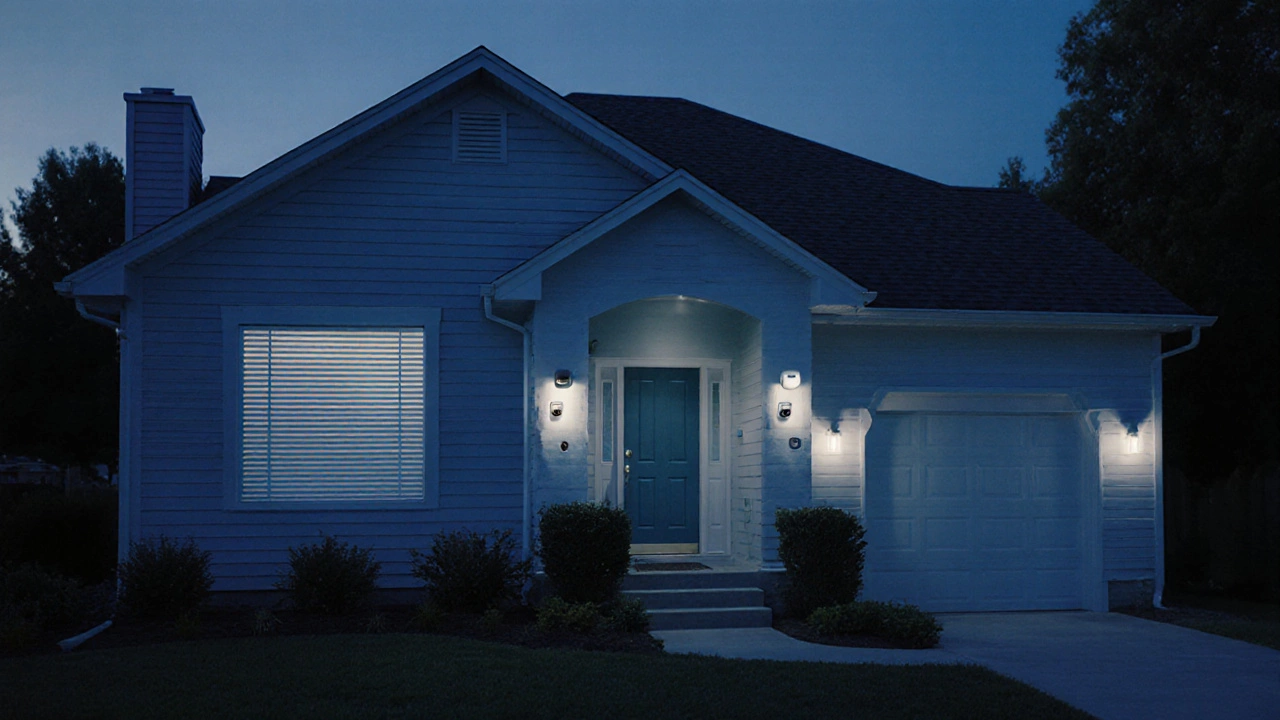 A secure family home at dusk with smart cameras and automated window shades.