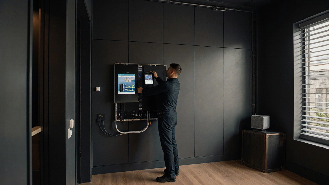 A technician installing a central home automation hub in a luxury home.