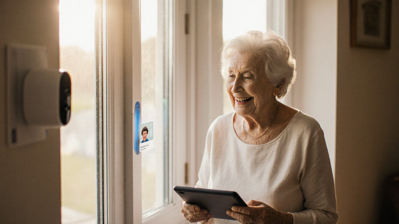 An elderly woman&#039;s home where smart technology recognizes her grandson and adjusts the temperature automatically.