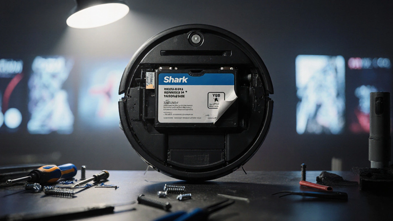 Disassembled Shark vacuum with damaged battery and tools on workbench.